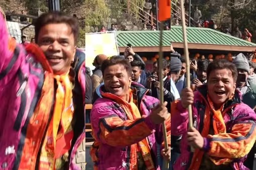 Watch the viral video as Rajpal Yadav dances with a saffron flag in Ayodhya to commemorate the opening of the Ram Mandir