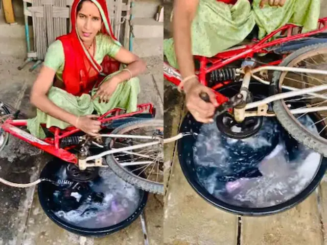 The internet reacts as a woman uses a cycle paddle to operate a “Jugaad washing machine.”